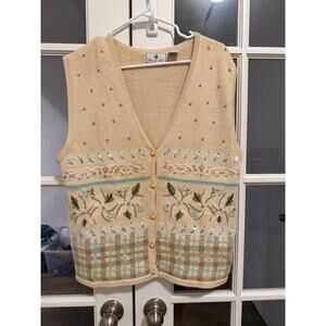 Vintage Chandler Hill Sweater Vest Large Beige Floral Embroidered Cottagecore